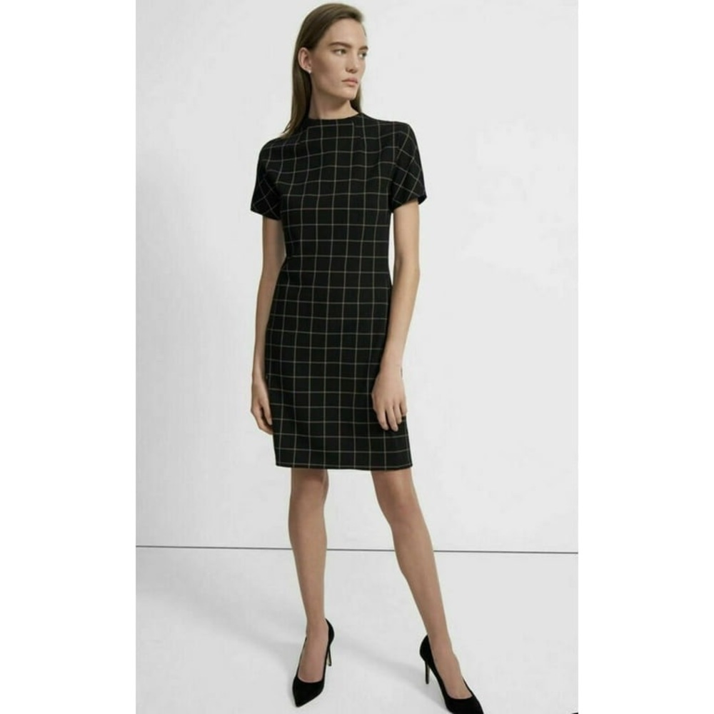 Theory Womens Rijik Dress Black Plaid Short Sleeve Structured Knit Shift size 10